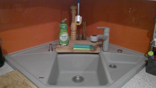 a sink with a faucet and a toothbrush at Unseburger Brauhaus GmbH Ferienwohnung 5 in Unseburg