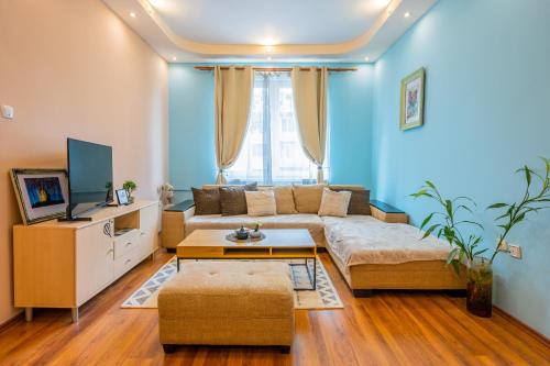 a living room with a couch and a tv at Spacious 3BD Central apartment in Sofia
