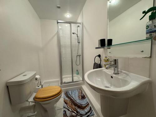 a white bathroom with a toilet and a sink at The Noko 2 Bedroom Apartment Central London by Wild Boutique in London
