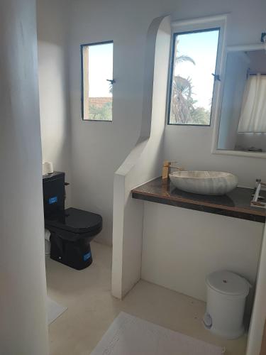 a bathroom with a toilet and a sink and a mirror at Hôte sahara & spa TADIGHOUST in El Hara
