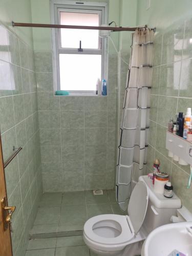 een badkamer met een douche, een toilet en een wastafel bij KMA APARTMENTS BLOCK 10-3 in Mtwapa