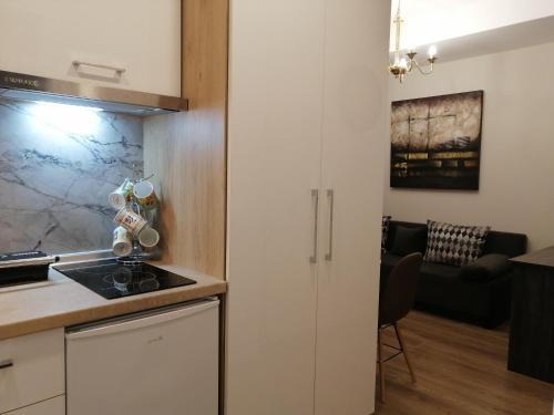 a kitchen with a sink and a stove in a room at Central suite on Clock Square D1 in Veria