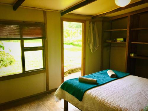 1 dormitorio con cama y ventana en Pura Vida Forest Cabin, en Witelsbos