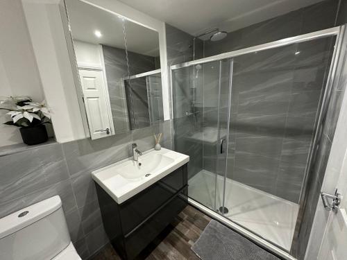 a bathroom with a shower and a sink and a toilet at Stylish Leeds City Apartment in Headingley