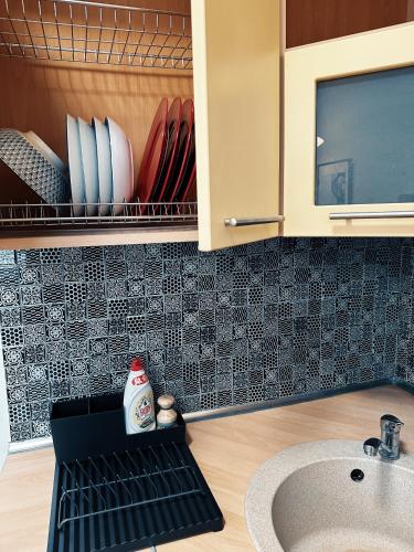 a bathroom with a sink and a counter top at City Center Apartments in Vilnius