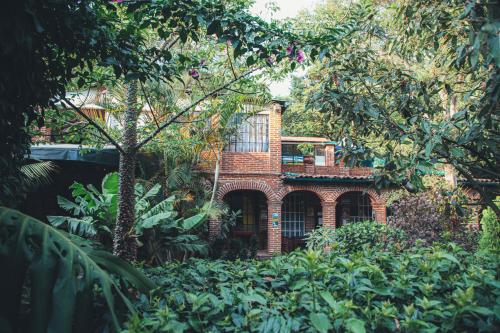 Hotel La Posada del Valle في تيبوزتلان: منزل من الطوب في وسط حديقة
