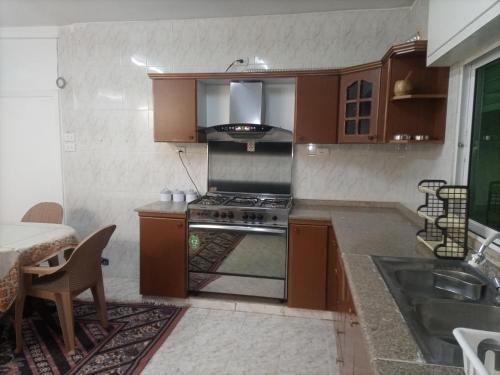 Il comprend une petite cuisine équipée d'une cuisinière et d'un évier. dans l'établissement شقق مدن الديكابوليس, à Irbid