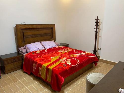 um quarto com uma cama grande e um cobertor vermelho em Furnished Apartment in Cairo, شقة مفروشة بجانب مطار القاهرة no Cairo