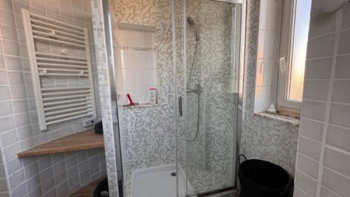a shower with a glass door in a bathroom at Appartement vue mer à Pontaillac in Royan