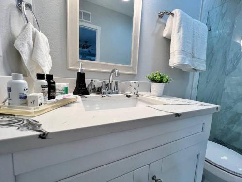 a white bathroom with a sink and a mirror at Grey Novo Studio + free-parking&wifi in Tampa