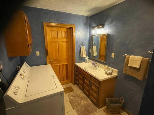 a bathroom with a sink and a toilet and a mirror at Getaway to a very private beautiful Cabin. in Kyles Ford