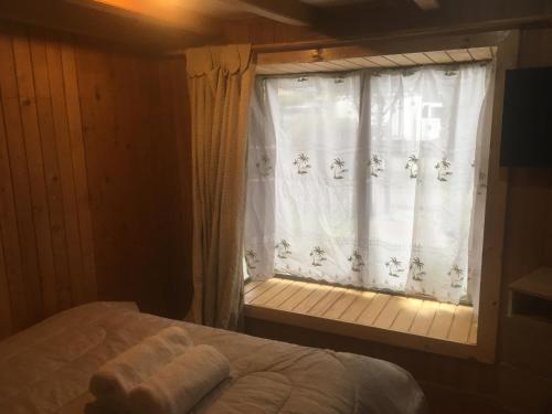 a bedroom with a window with a white curtain at Cómodo y céntrico in Coihaique