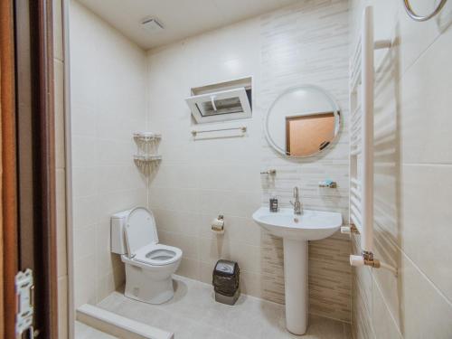 a bathroom with a toilet and a sink and a mirror at Highland Kazbegi in Kazbegi