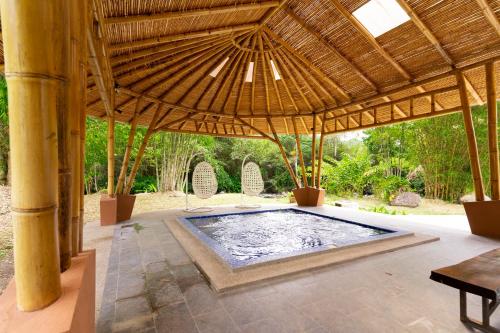 a large swimming pool in a pavilion with a roof at Mindo Garden Lodge and Wildlife Reserve in Mindo