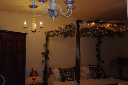 a bedroom with a canopy bed with christmas lights at number 8 in Leiden