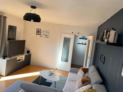 uma sala de estar com um sofá e uma televisão em Appartement avec un séjour balcon très lumineux em Orléans