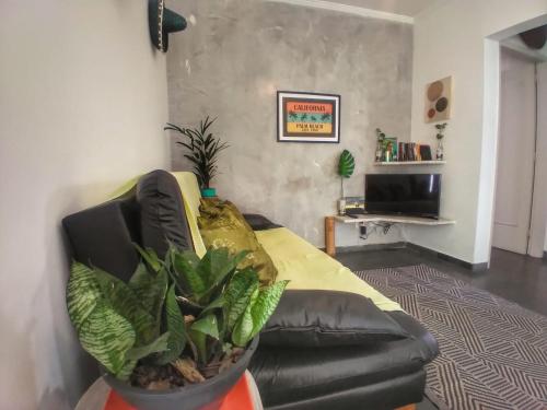 uma sala de estar com um sofá de couro e uma planta em Apartamento em Guarujá Praia do Tombo, 300mts do mar - TOMBO BEACH HOST no Guarujá