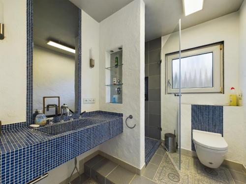 a bathroom with a toilet and a sink and a shower at große, elegante Ferienwohnung in Langenfeld