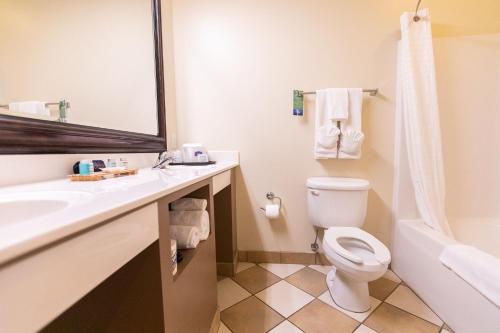 a bathroom with a toilet and a sink and a mirror at Grand Hotel in Spring City