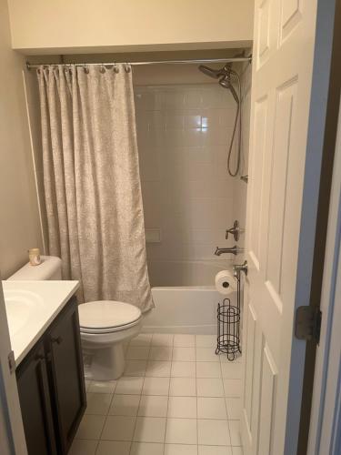 a bathroom with a white toilet and a shower at Atkins Investments Inc. Swanhaven in Richmond