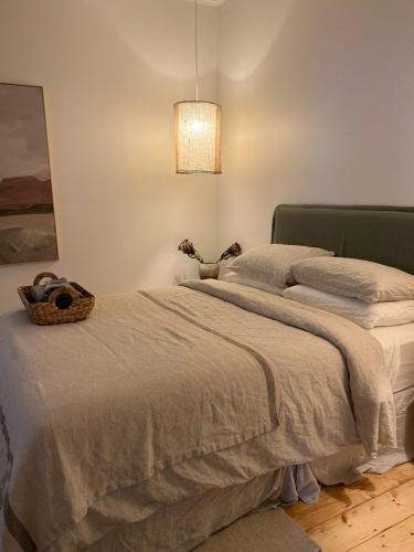 a bedroom with a bed with a basket on it at Cozy 2 bedroom cottage - Newly renovated, perfect location for best of Ballarat in Ballarat