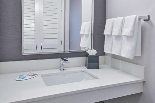a bathroom with a sink and a mirror and towels at Courtyard by Marriott Detroit Livonia in Livonia