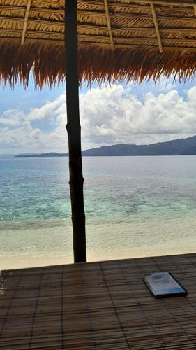 a view of the ocean from a beach with a straw umbrella at Marwes Homestay in Selebam