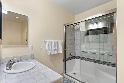 a bathroom with a sink and a shower at Pacific Paradise - Large Patio, Hot Tub, Short Walk to Beach, & Parking in San Diego