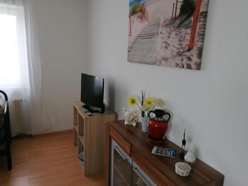 uma sala de estar com televisão num armário de madeira em Monteurwohnung App. 10 em Pirmasens