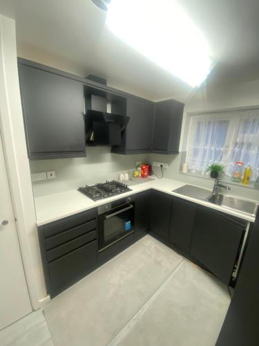 a small kitchen with black cabinets and a sink at Navarre peace place in London