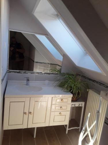 een badkamer met een wastafel en een grote spiegel bij Chambres chez l habitant periode 6 juin 2024 in Bénouville