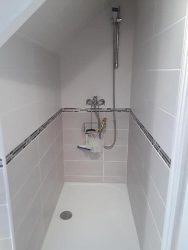 een witte badkamer met een douche en een wastafel bij Chambres chez l habitant periode 6 juin 2024 in Bénouville