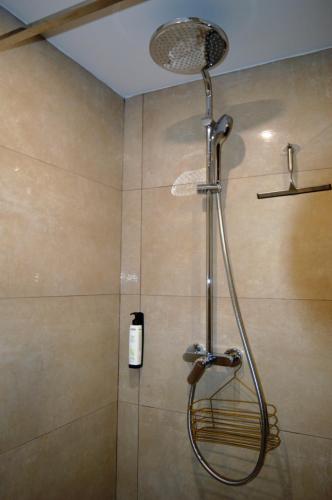 a shower with a shower head in a bathroom at Casa cu Magnolii in Poienile Izei