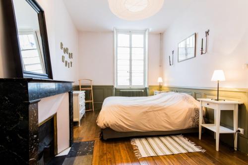 une chambre avec un lit et une cheminée dans l'établissement Le Pasteur, à Dijon