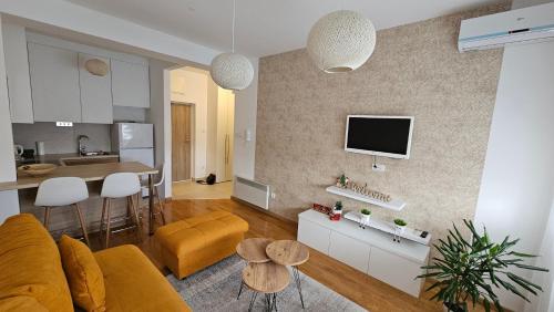 Il comprend un salon avec un canapé et une cuisine. dans l'établissement Apartman Filipović, à Banja Luka