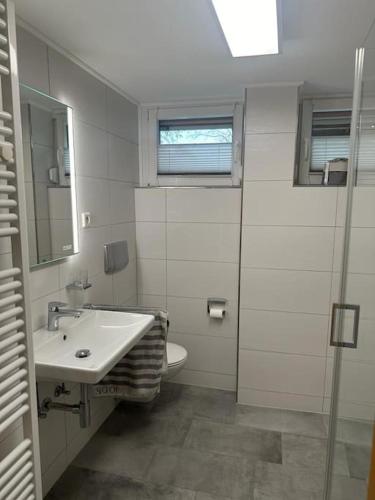 a bathroom with a sink and a toilet at Ferienwohnung Klee in Neheim-Hüsten