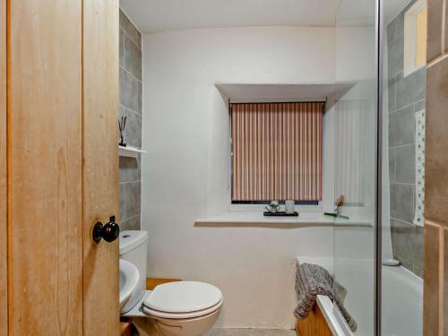 a bathroom with a toilet and a shower and a window at 2 Bed in Bishops Nympton 55221 in Bishops Nympton