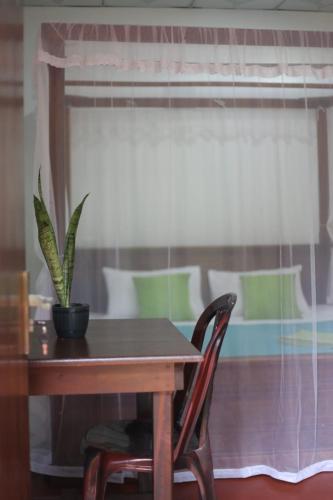 a table and chairs with a potted plant on it at Bakery Family Guest House in Mirissa