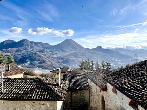 a view of a village with mountains in the background at Mazzetti Country House-Vita in campagna con giardino in Vimignano