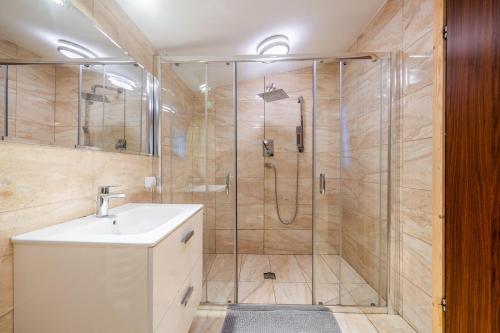 a bathroom with a shower with a sink and a glass shower stall at Pokoje z widokiem na góry i Prywatny Domek z zadaszoną altaną - grillem i ogniskiem. in Zakopane