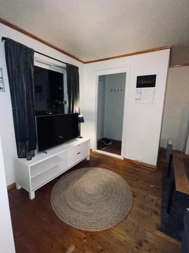 a living room with a flat screen tv and a rug at Liten eldre og koselig studiohybel in Svolvær