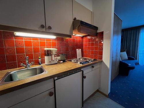 a kitchen with a sink and red tiles on the wall at Gästehaus Tauscher am Haldensee in Haldensee