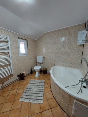 a bathroom with a tub and a toilet at Casa Zaharia Azuga in Azuga