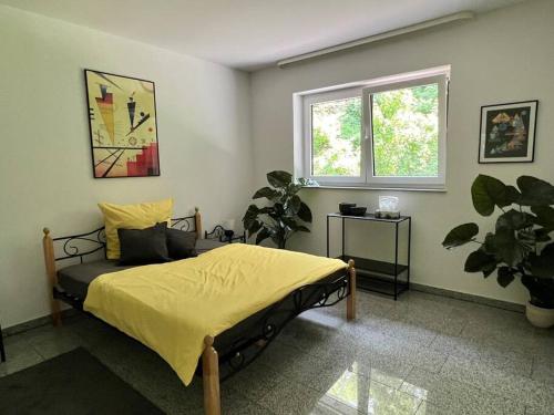 1 dormitorio con cama, ventana y planta en Amazing House in Kaiserslautern, en Kaiserslautern