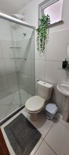 y baño con aseo, ducha y lavamanos. en Recanto da Gabriela - Apartamento para temporada na zona sul de ilhéus en Ilhéus