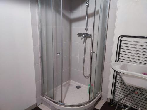 a shower with a glass door next to a sink at Appartement chaleureux in Mirebeau-sur-Bèze