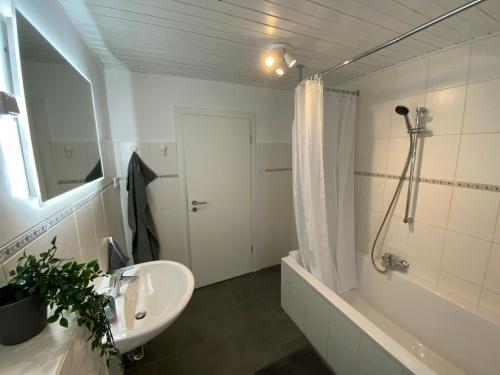 a white bathroom with a sink and a shower at Modern Flat with Garden & Terrace near Coburg in Ebersdorf bei Coburg