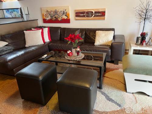 a living room with a leather couch and a coffee table at Roba's Apartment in Zagreb