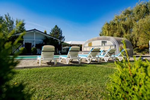 a group of chairs sitting next to a pool at Casa Augsburg in Băneşti