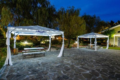 a pavilion with a tent and benches on a patio at Casa Augsburg in Băneşti